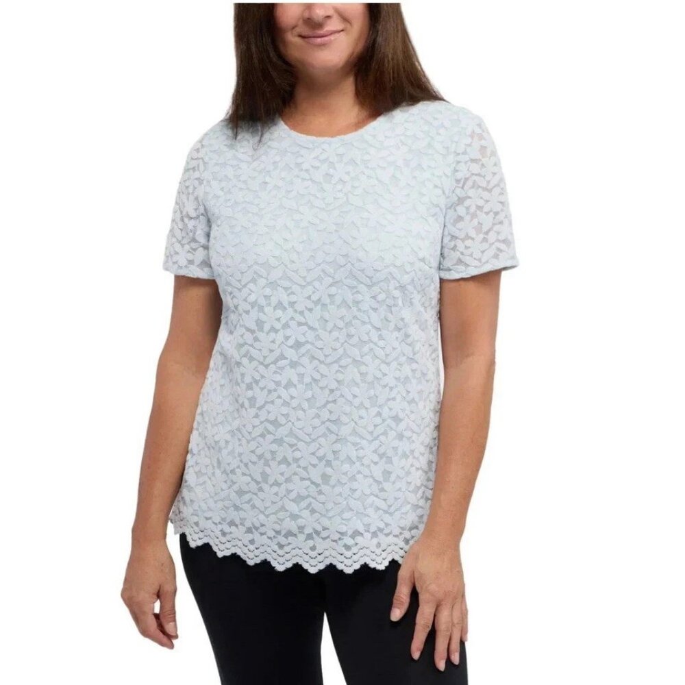 Teddi Rose Women's Size Large Light Blue Lace Lined Short Sleeve Blouse Top NWT
